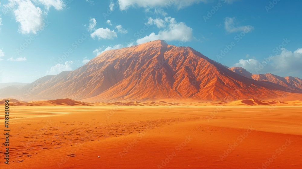 Aufkleber a large mountain in the middle of a desert with footprints in the sand and a blue sky with white clo