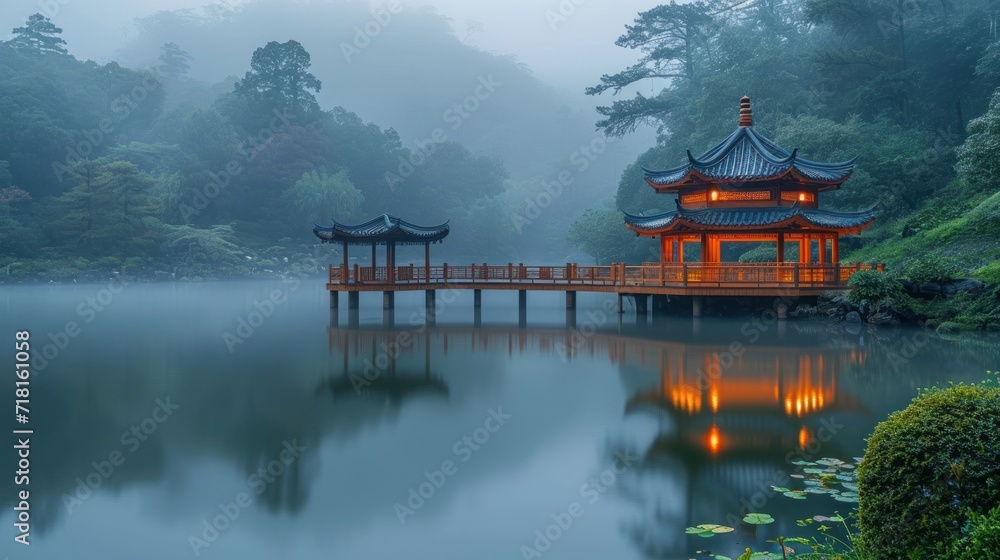 Poster a large body of water with a bridge in the middle of it and a pavilion in the middle of the water wi