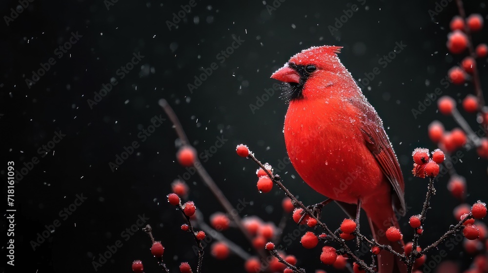 Aufkleber a red bird sitting on top of a tree with red berries on it's branches and snow falling down on it's 