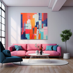 Stylish and modern living room with pink sofa