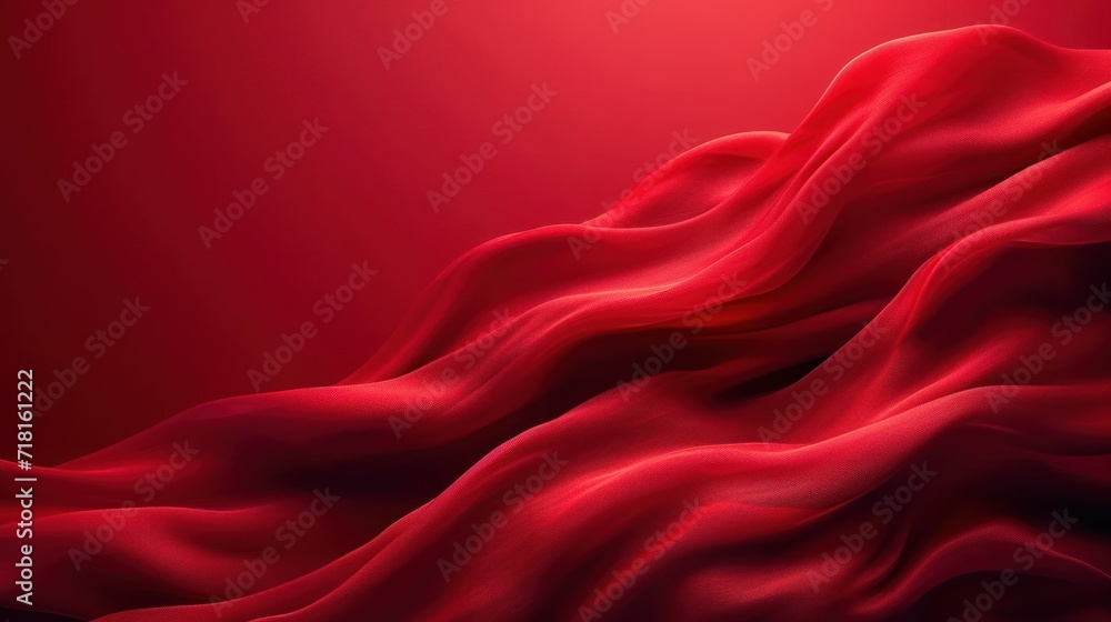 Poster a red silk fabric blowing in the wind on a dark red background with a light spot in the middle of th