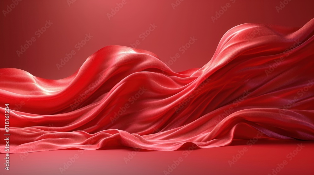 Poster a red silk fabric blowing in the wind on a red background with a red light coming from the top of th