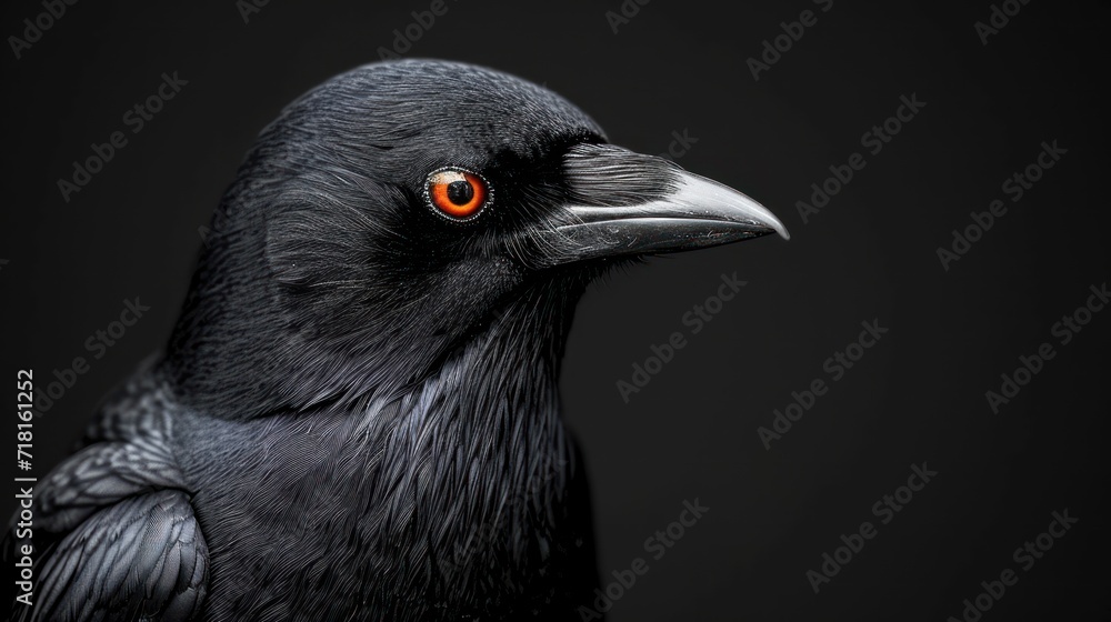 Poster a close - up of a black bird with a red eye and a black background with a black background and a bla