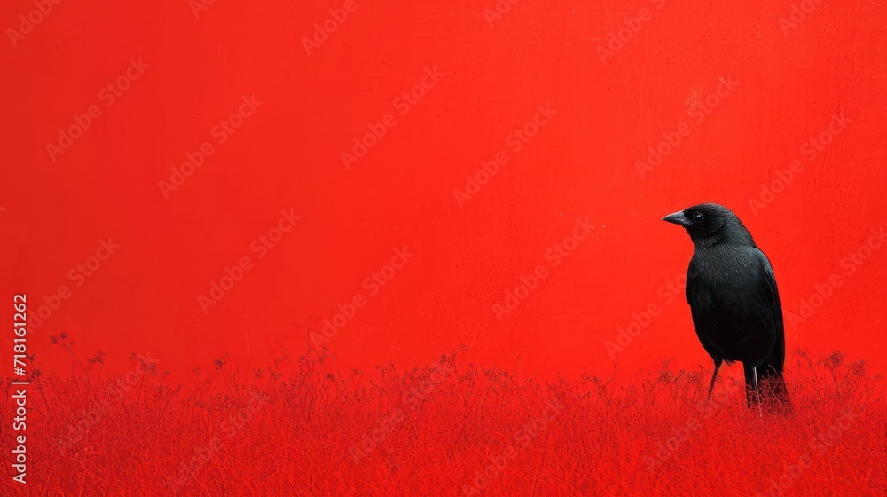 Poster a black bird standing in a field of tall grass with a red wall behind it and a black bird sitting on