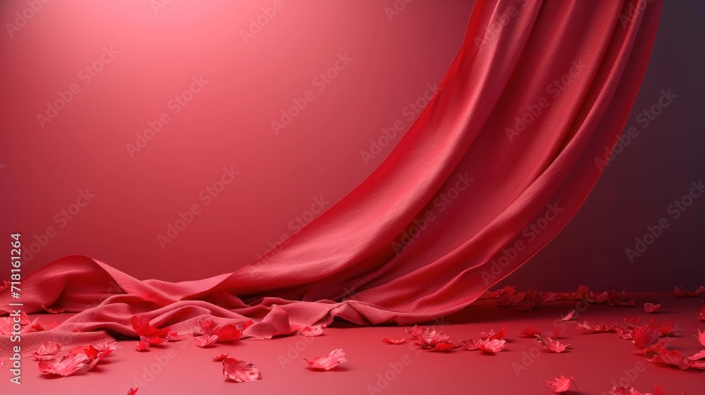 Poster a room with a red curtain and rose petals on the floor and on the floor is a floor with a red carpet