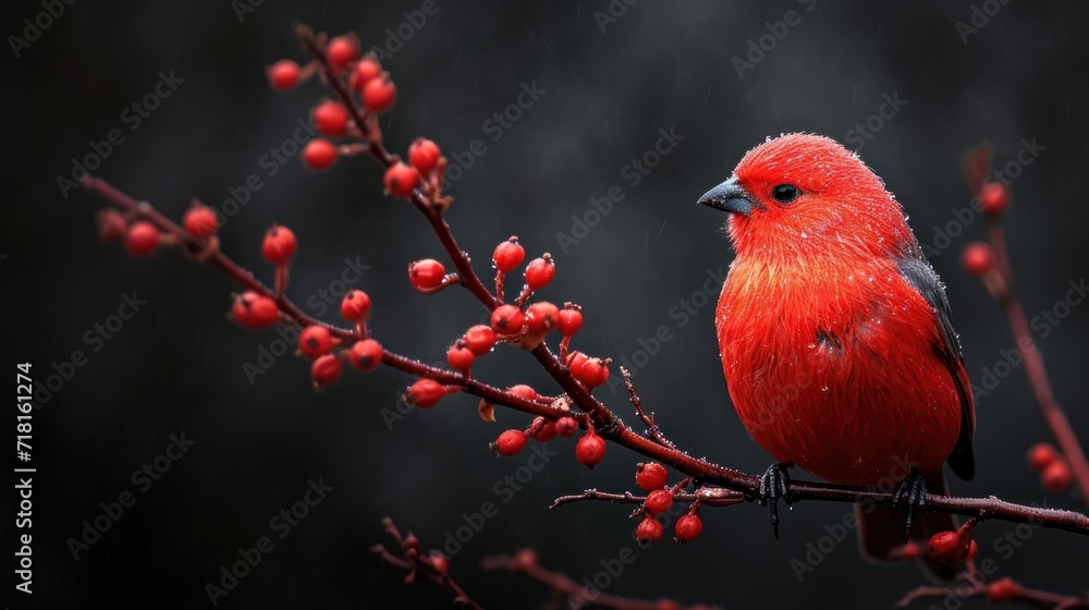 Poster a red bird sitting on top of a tree branch with red berries on it's branch and rain falling down on 