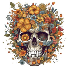 Human skull covered in flowers, white background