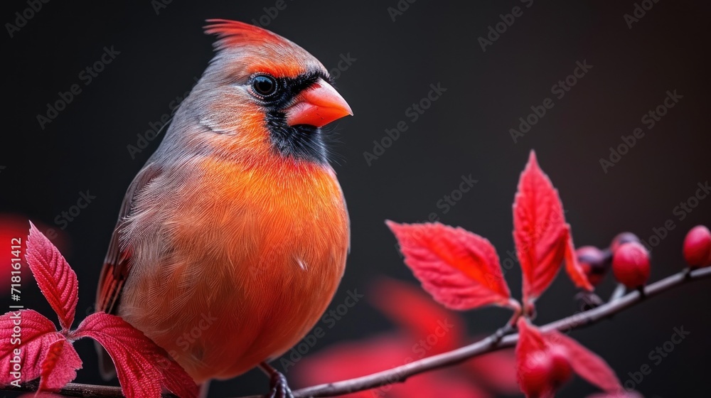 Aufkleber a red and black bird sitting on a branch of a tree with red leaves in the foreground and a black bac