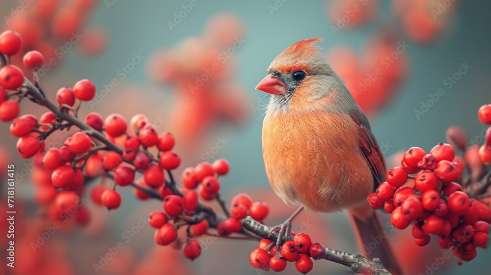 Poster a small bird sitting on a branch of a tree with red berries in the foreground and a blue sky in the 