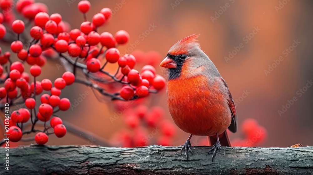 Poster a close up of a bird on a branch of a tree with berries in the foreground and a blurry background of