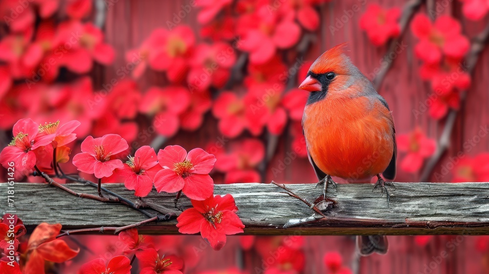 Aufkleber a red bird is sitting on a branch with red flowers in front of a wooden fence and a red fence in the