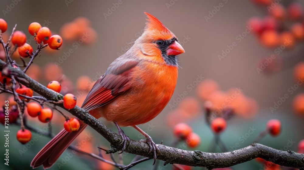 Poster a close up of a bird on a branch of a tree with berries in the foreground and a blurry background of