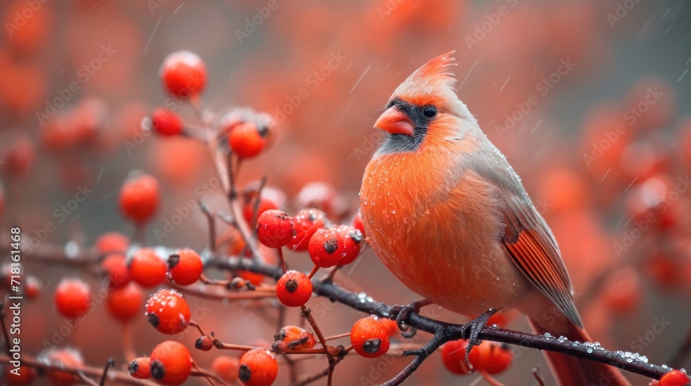Poster a red bird is sitting on a branch of a tree with berries in the foreground and water droplets on the