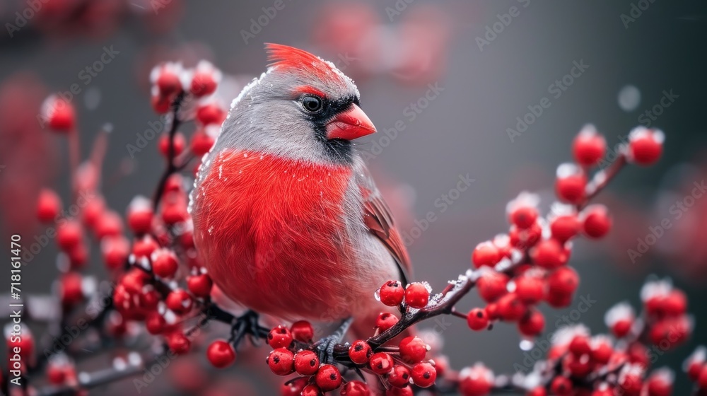 Poster a red and white bird sitting on a branch of a tree with red berries in the foreground and a gray bac