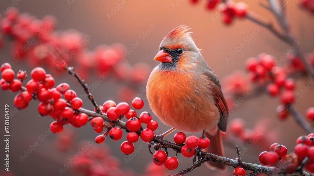 Poster a close up of a bird on a branch of a tree with berries in the foreground and in the background is a