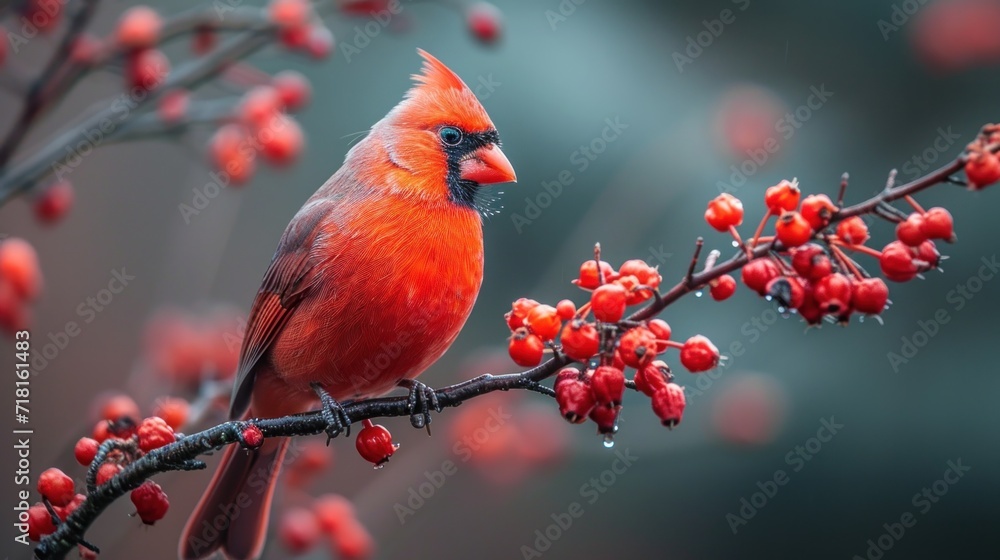 Poster a red bird sitting on a branch of a tree with red berries in the foreground and a blurry background 