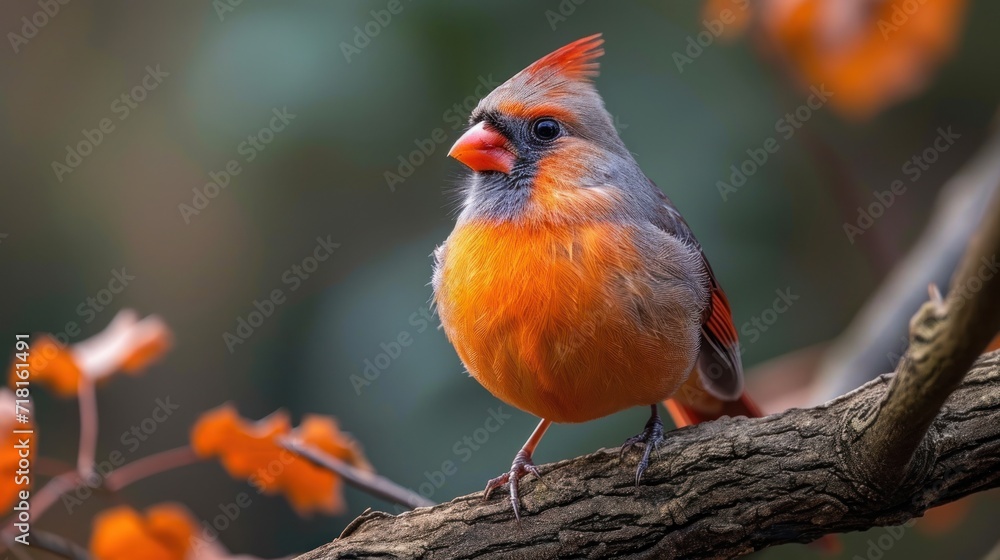 Poster a close up of a bird on a branch of a tree with orange flowers in the foreground and a blurry backgr