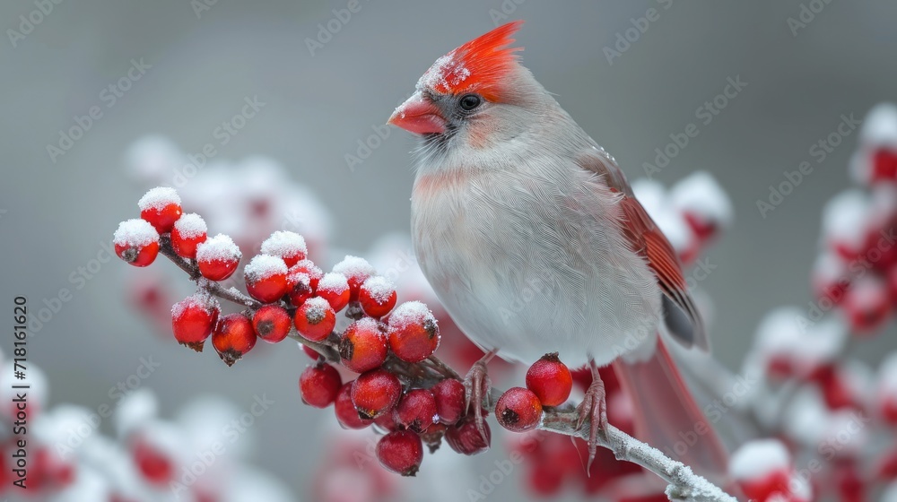 Poster a red and white bird sitting on a branch of a tree with red berries on it's branches and snow on it'