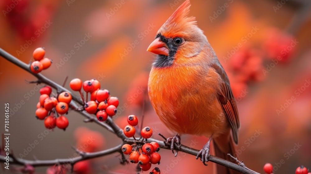Poster a close up of a bird on a branch of a tree with berries in the foreground and a blurry background of