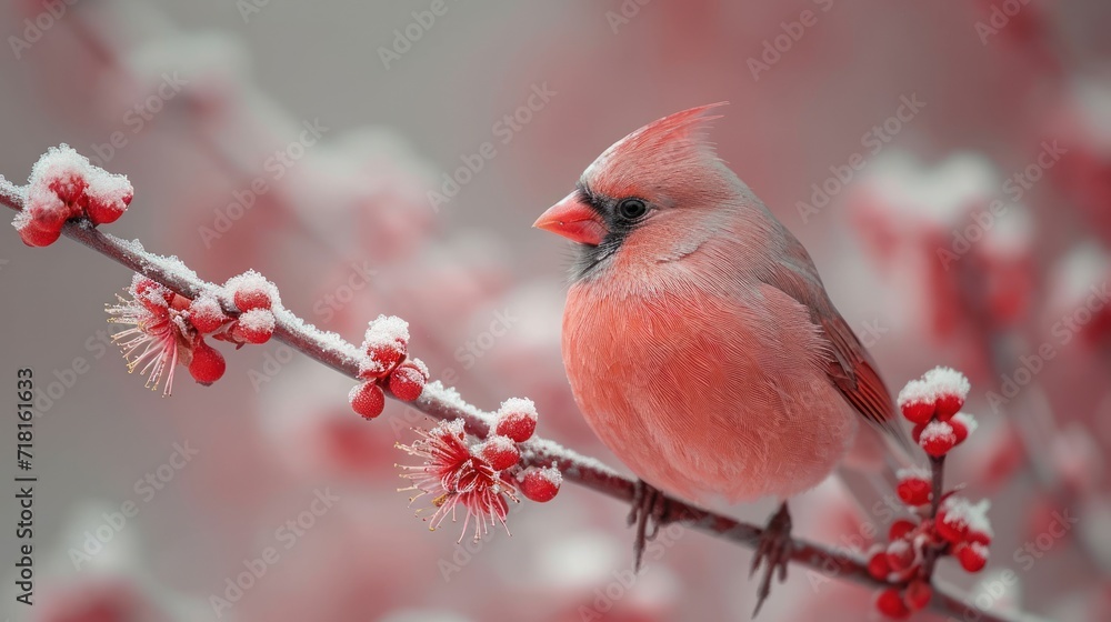 Poster a red bird sitting on a branch of a tree with snow on it's branches and berries on it's branches, in