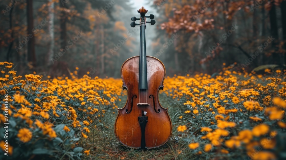 Poster a violin sits in the middle of a field of wildflowers in the foreground, with a forest of trees and 