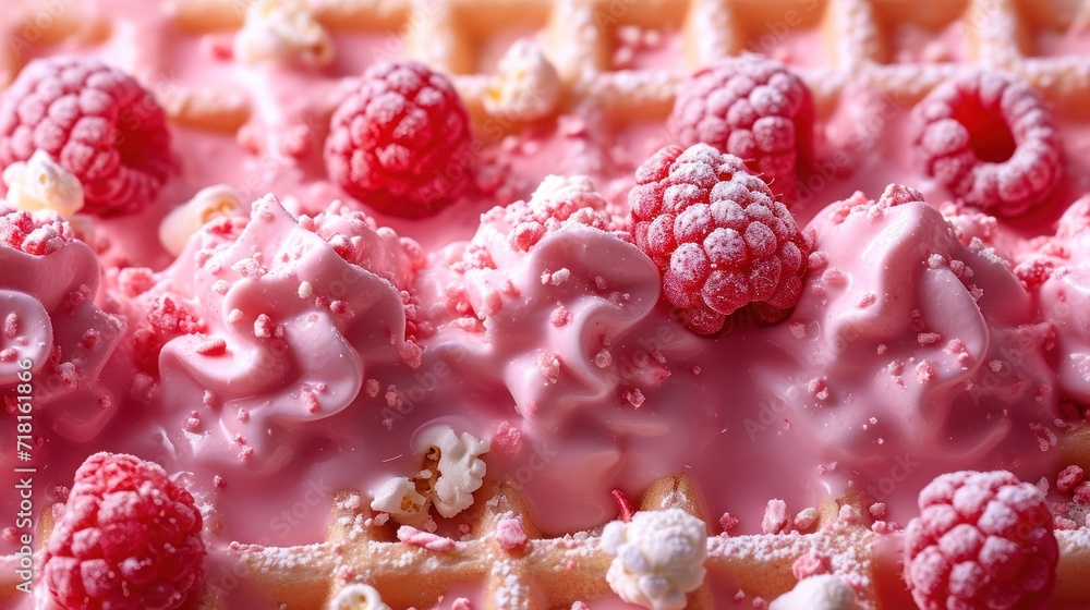 Poster a close up of a waffle with raspberries on top of it and a lot of powdered sugar on top of the waffl