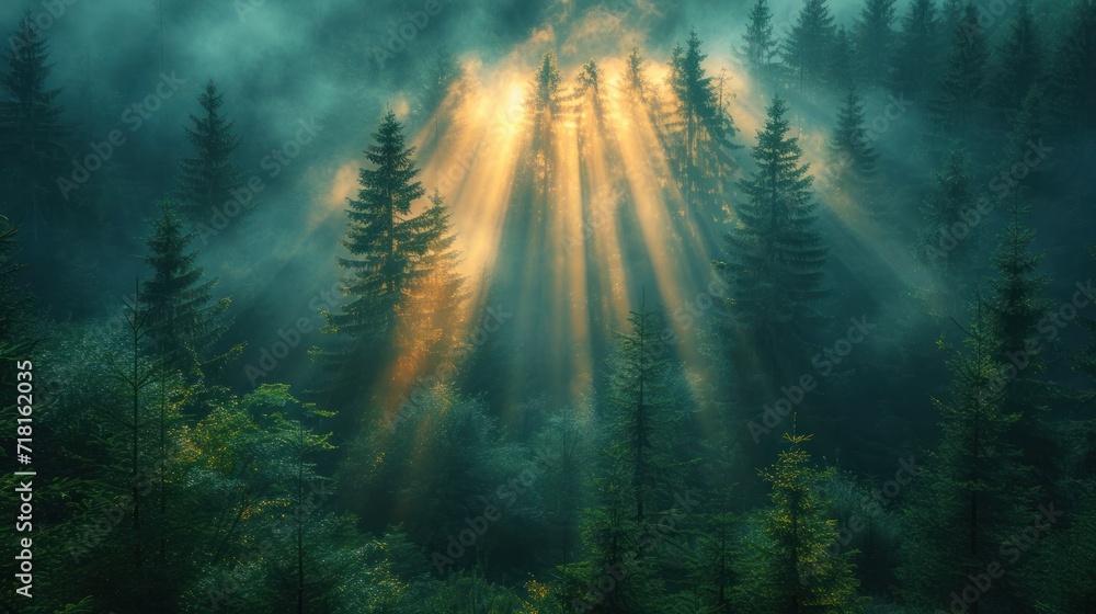 Poster a forest filled with lots of trees and beams of light coming out of the top of the trees in the midd