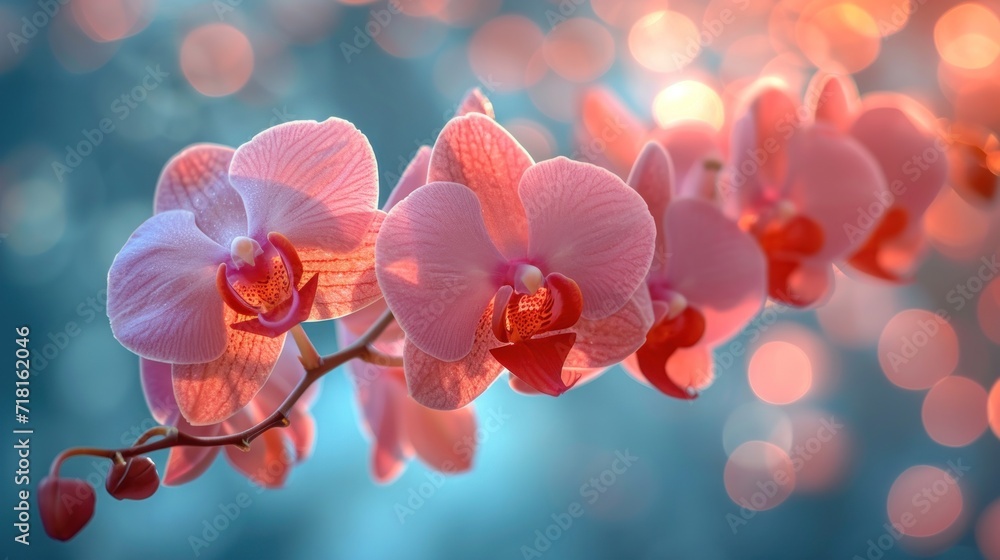 Canvas Prints  a close up of a pink flower on a branch with boke of light in the backgrounnd of the picture and a blurry background of a blue sky.