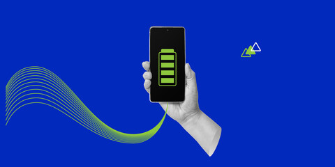 Wireless technologies, environmentally friendly phone charging. There is a green full battery icon...