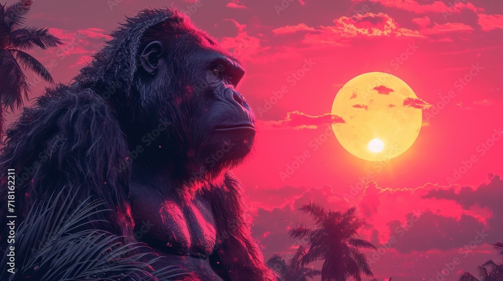 Poster a gorilla standing in front of a sunset with palm trees in the foreground and a full moon in the bac
