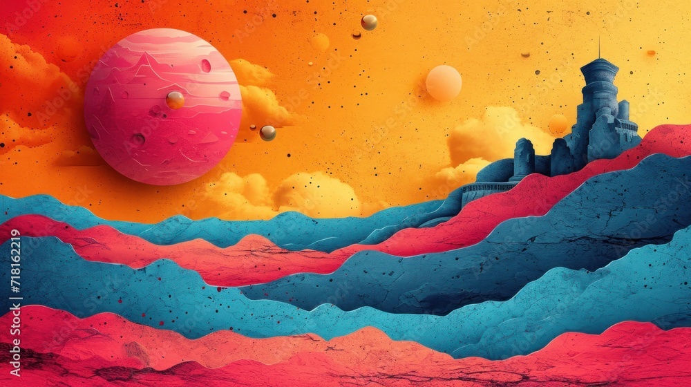 Poster a digital painting of a pink and blue object in the sky with clouds and planets in the sky and a red