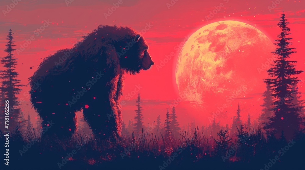Poster a painting of a bigfoot standing in front of a full moon with trees in the foreground and a red sky 