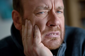 Fototapeta premium Man suffering from toothache presses his cheek shows pain and discomfort at home close up