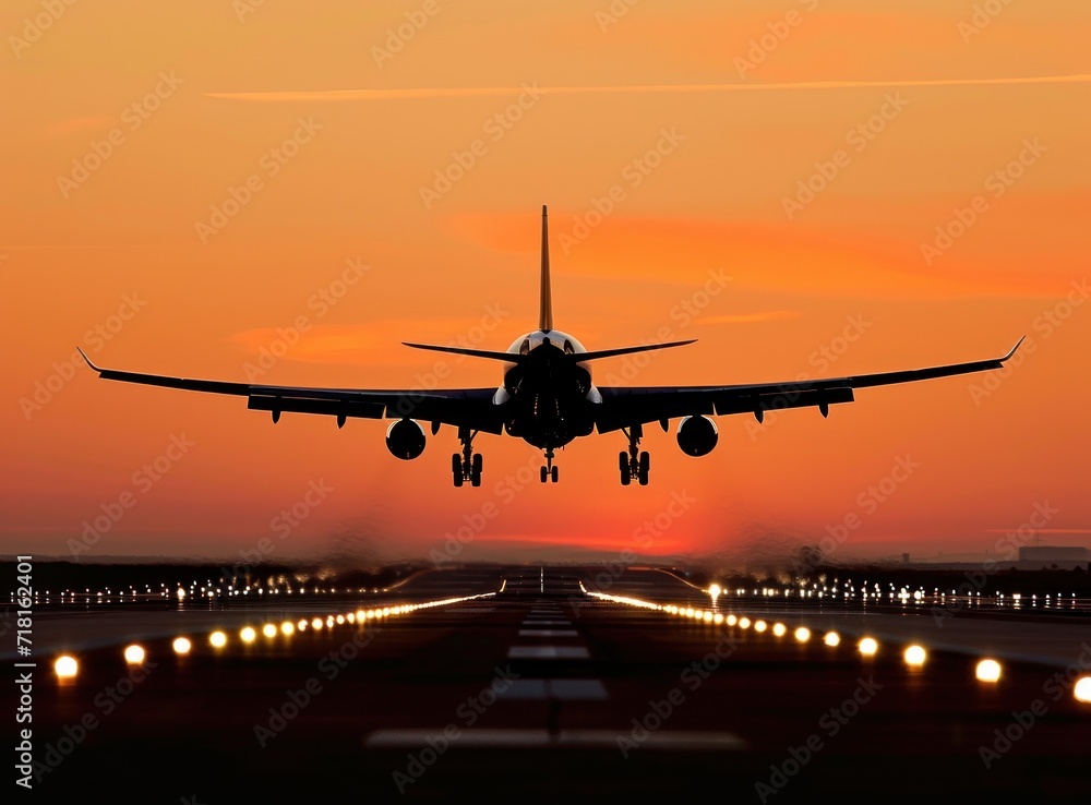 Poster a large jetliner taking off from an airport runway with the sun setting in the background and a line