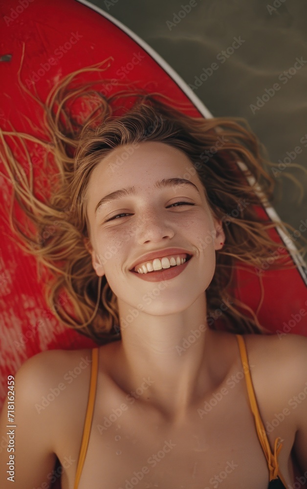 Canvas Prints  a close up of a person laying down with a surfboard in the background and a red surfboard in the foreground with a woman's hair blowing in the wind.