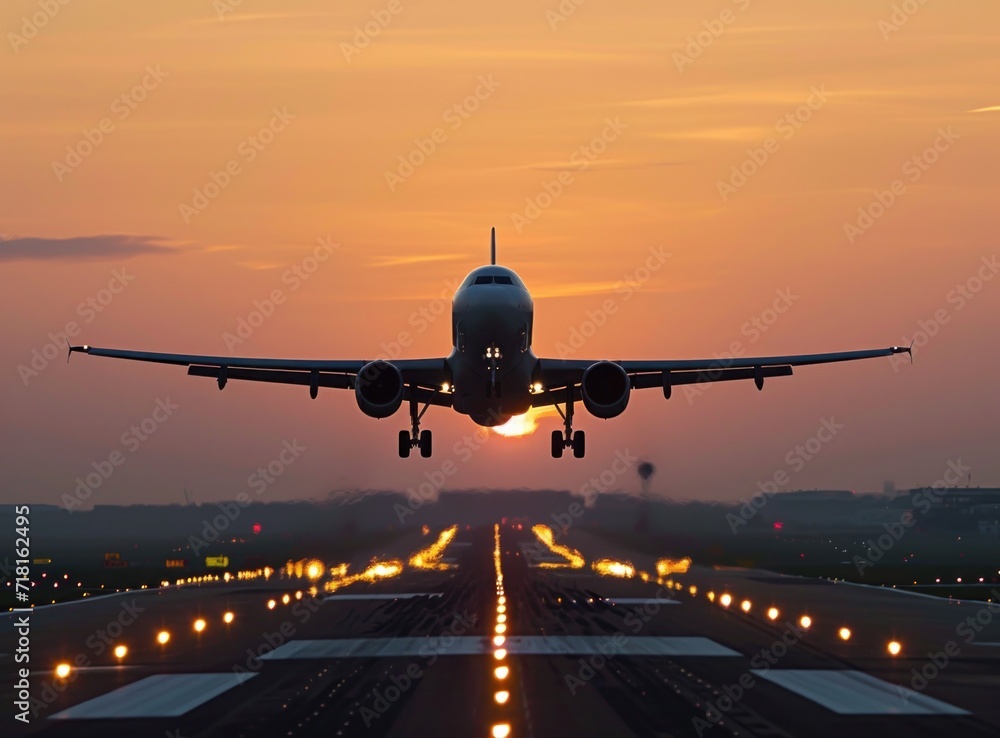 Poster a large jetliner taking off from an airport runway with the sun setting in the sky behind it and a l
