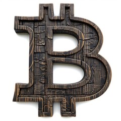 Wooden Ebony Bitcoin Sign isolated on White Background. Photorealistic Cryptocurrency Coin Sign on white backdrop. Square Illustration. Ai Generated Digital Currency and Blockchain 3D Symbol.