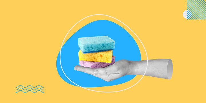 Cleaning, services. Sponges for household needs in hand. Minimalist art collage