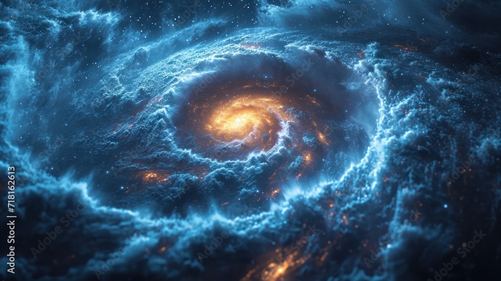 Poster a close up of a spiral shaped object in the middle of a dark blue sky with stars in the middle of th