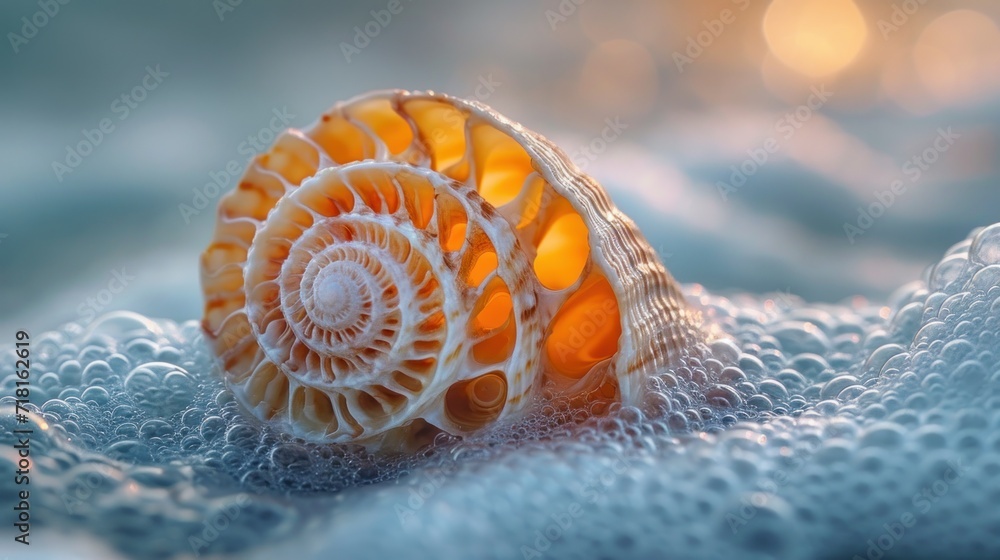 Aufkleber a close up of an orange and white shell on a blue and white surface with a blurry boke of light comi