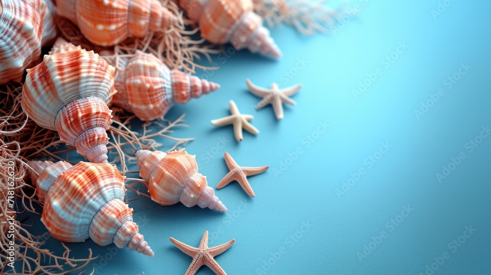 Aufkleber a group of sea shells and starfish on a blue background with seaweed and sea urchins on the bottom a