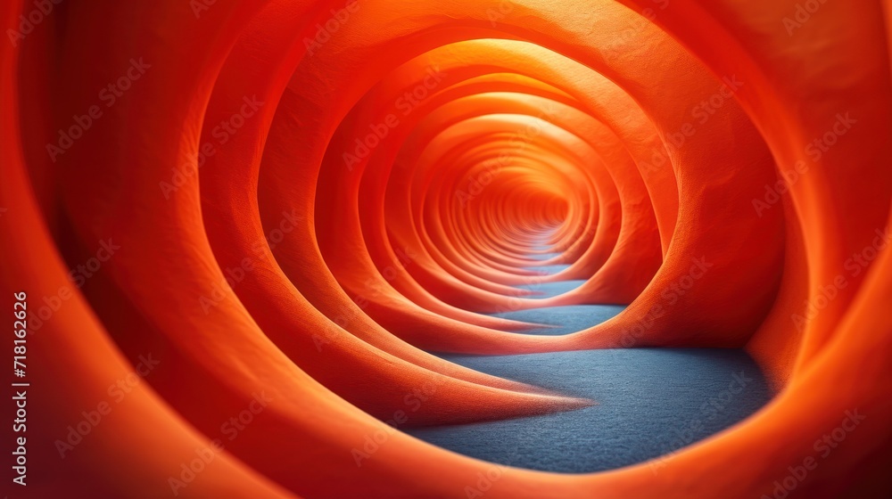 Poster an image of a tunnel that looks like it is going through the center of a tunnel of orange and blue f