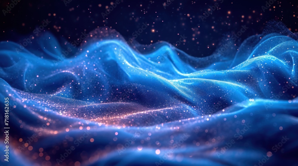 Poster a computer generated image of a wave of blue water with a star filled sky in the background and star