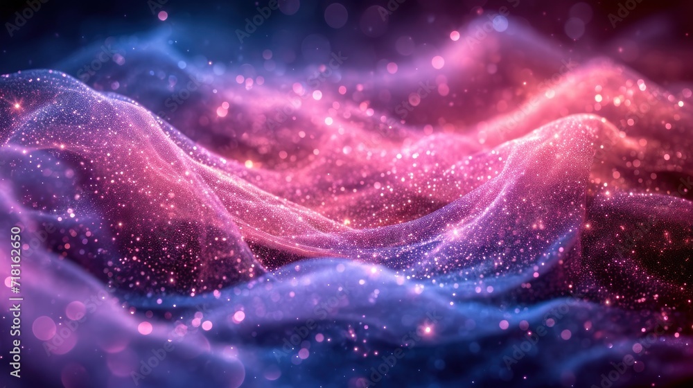 Poster a computer generated image of a wave of light and stars on a black background with a pink and blue h