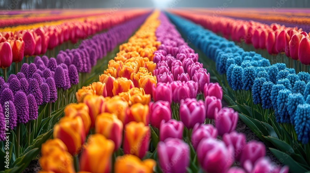 Poster a field full of colorful tulips with the sun shining through the clouds in the middle of the field i