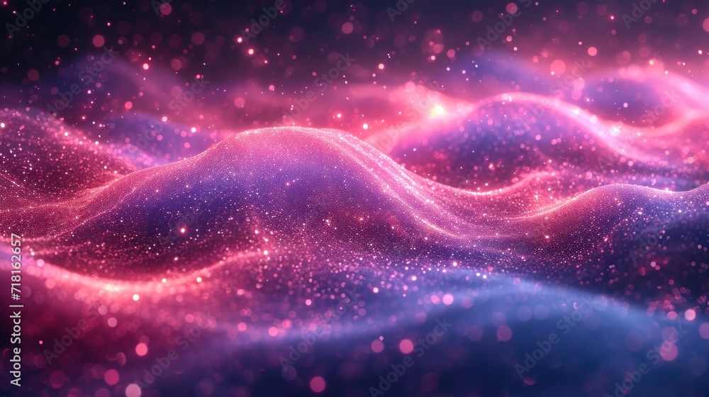 Poster a computer generated image of a wave of pink and blue colors on a black background with stars in the