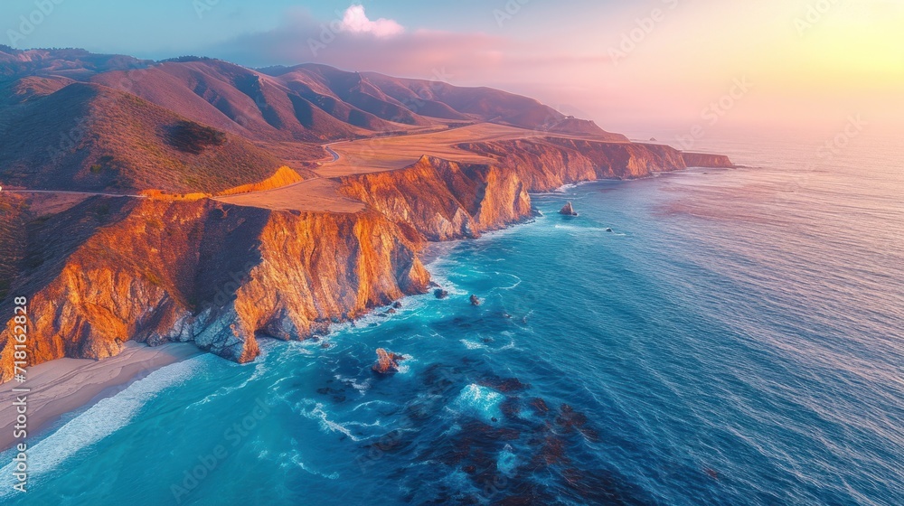 Canvas Prints  a large body of water next to a lush green hillside next to a large body of water with a road on top of it next to a large body of water.