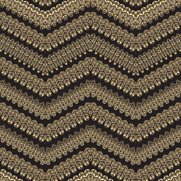 Vector zig-zag seamless pattern with stylized bird feathers. Golden waves, gold tribal ornaments on a black background