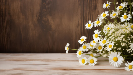 Obraz premium Empty wooden tabletop with chamomile flowers for product dispaly at brown wooden background 