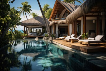 Modern Luxury Villa with Pool. Luxury beach resort, bungalow near endless pool over sea sunset, evening on tropical island, summer vacation concept